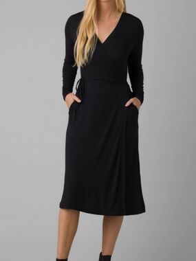 Prana Nadia Black Long-Sleeve Wrap Midi Dress XS
